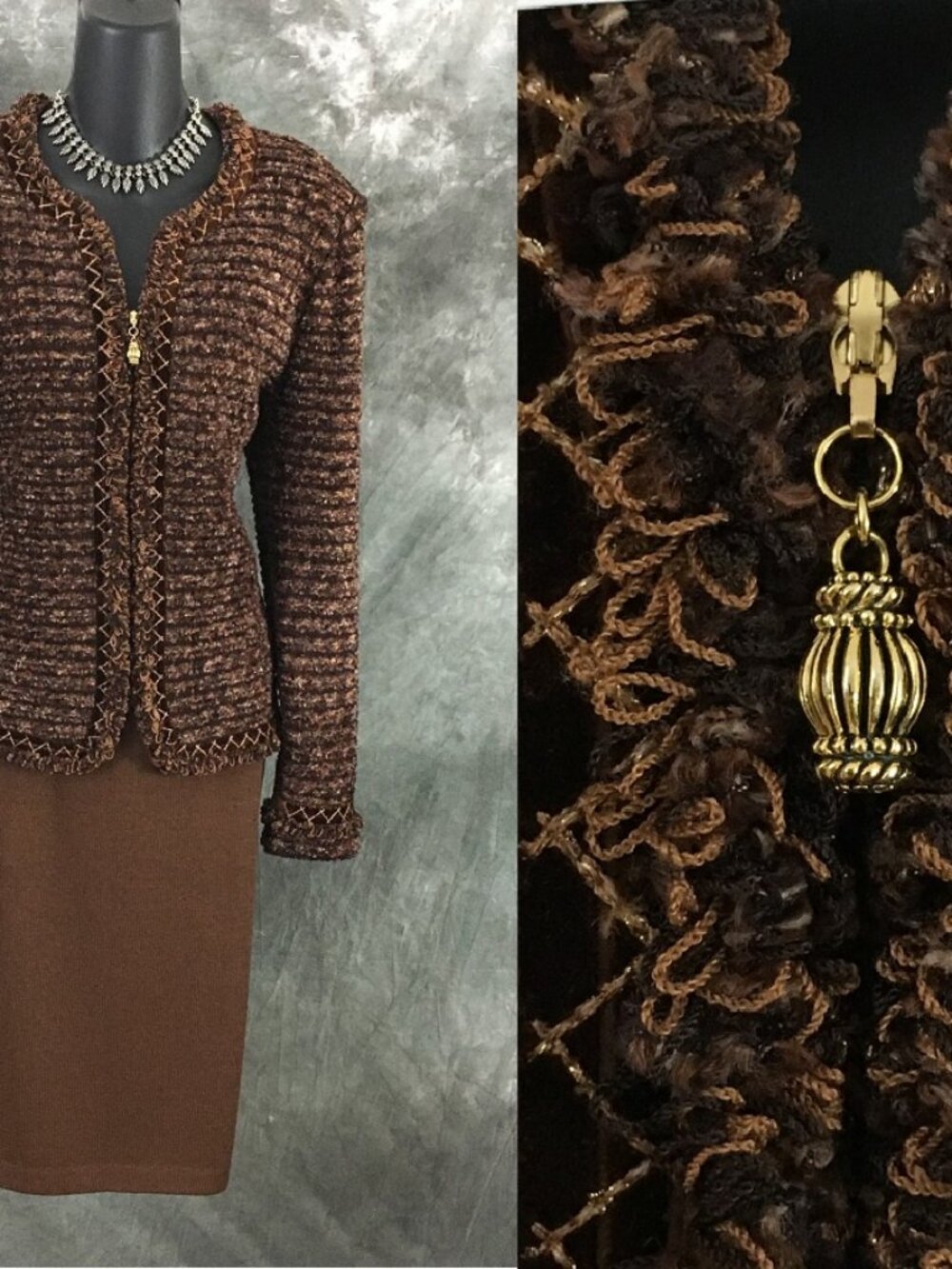 BEAUTIFUL St John couture knit brown tan fringe jacket skirt suit size 8 10